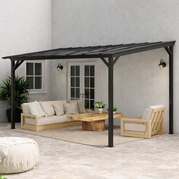 Outsunny 3 x 4.3m Metal Pergola with UPF 50+ and Waterproof Roof, Wall-Mounted or Free Standing Garden Gazebo, Wind-resistant, Dark Grey