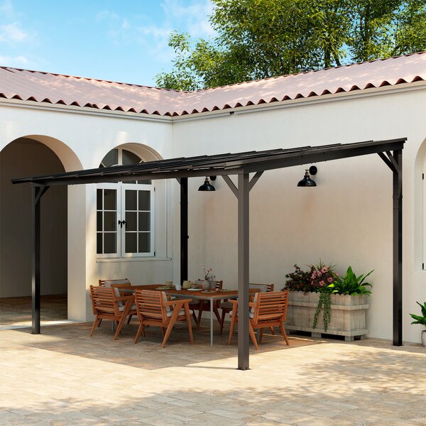Outsunny 3 x 4.3m Metal Pergola with UPF 50+ and Waterproof Roof, Wall-Mounted or Free Standing Garden Gazebo, Wind-resistant, Dark Grey