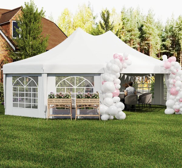 Outsunny 10 Sides Decagonal Garden Gazebo Marquee Party Tent Wedding Canopy Outdoor Heavy Duty Metal Frame (8.9m x 6.5m) - White