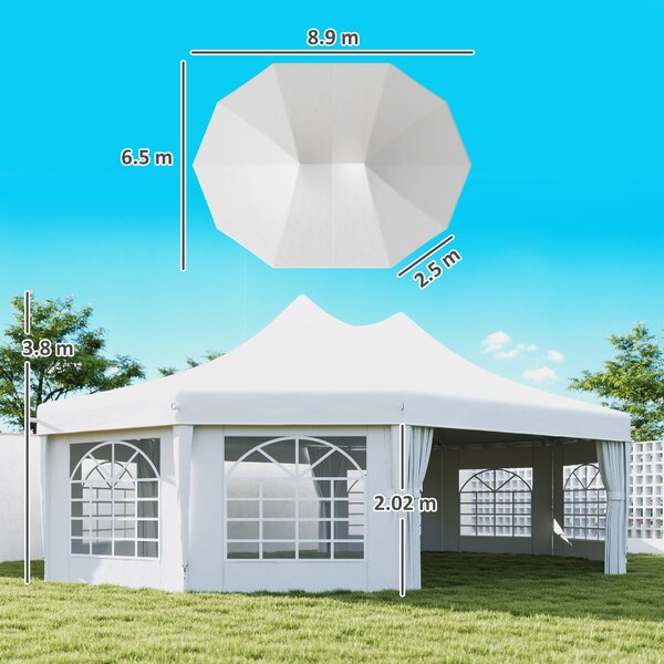 Outsunny 10 Sides Decagonal Garden Gazebo Marquee Party Tent Wedding Canopy Outdoor Heavy Duty Metal Frame (8.9m x 6.5m) - White