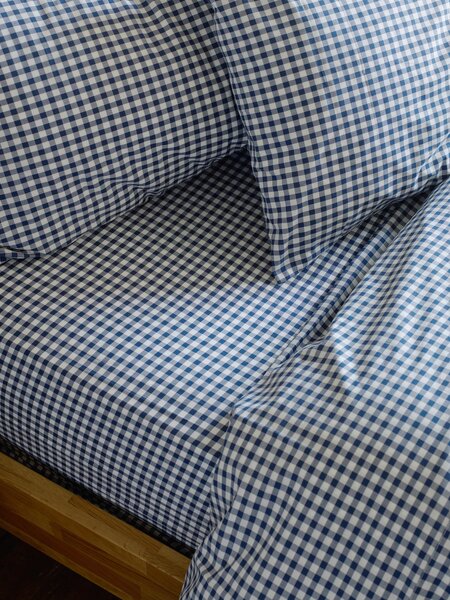 Indigo Small Gingham Cotton Fitted Sheet | Single | Piglet in Bed
