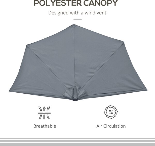 Outsunny 2.7m Balcony Half Parasol 5 Steel Ribs Construction Garden Outdoor Umbrella Grey