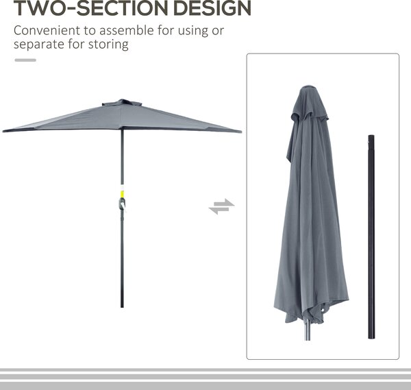 Outsunny 2.7m Balcony Half Parasol 5 Steel Ribs Construction Garden Outdoor Umbrella Grey