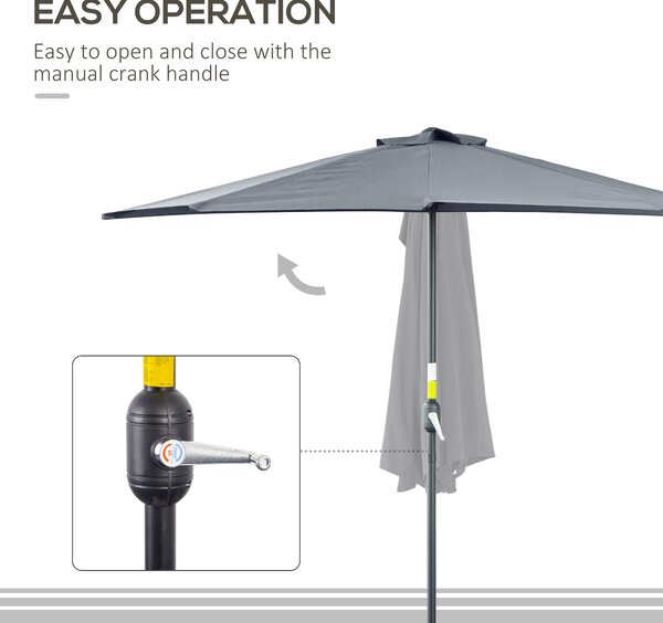 Outsunny 2.7m Balcony Half Parasol 5 Steel Ribs Construction Garden Outdoor Umbrella Grey