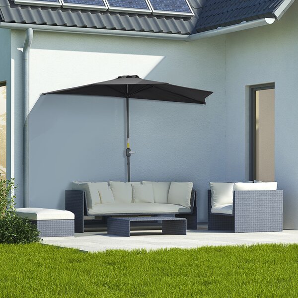 Outsunny 2.7m Balcony Half Parasol 5 Steel Ribs Construction Garden Outdoor Umbrella Black Aosom UK