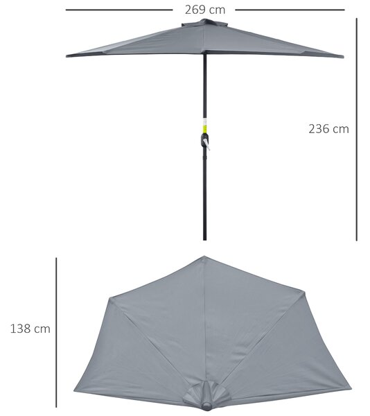 Outsunny 2.7m Balcony Half Parasol 5 Steel Ribs Construction Garden Outdoor Umbrella Grey