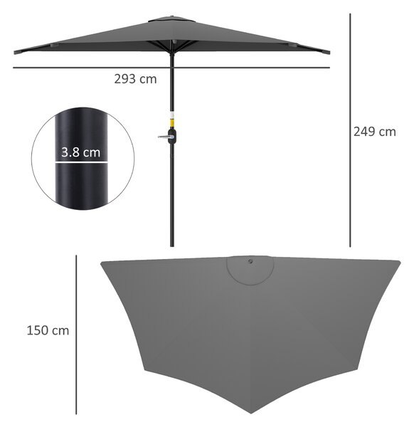 Outsunny 3(m) Half Parasol, Semi Round Umbrella with Metal Frame, Crank Handle for Balcony, Garden, Dark Grey