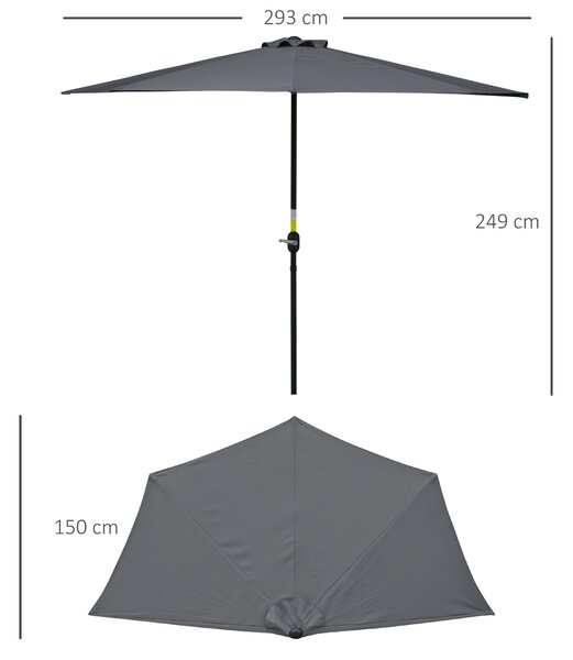 Outsunny Half Round Umbrella Parasol 3m: Grey Polyester with Aluminum Frame, Space-Saving Design