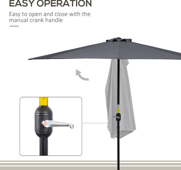 Outsunny Half Round Umbrella Parasol 3m: Grey Polyester with Aluminum Frame, Space-Saving Design