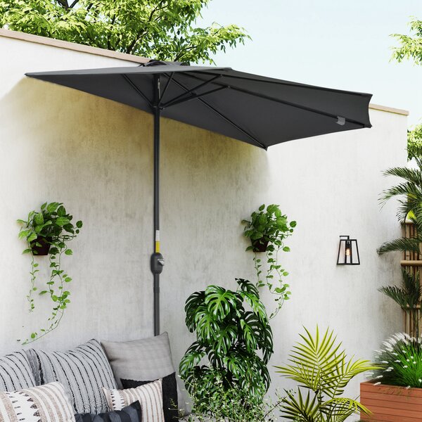 Outsunny Half Round Umbrella Parasol 3m: Grey Polyester with Aluminum Frame, Space-Saving Design