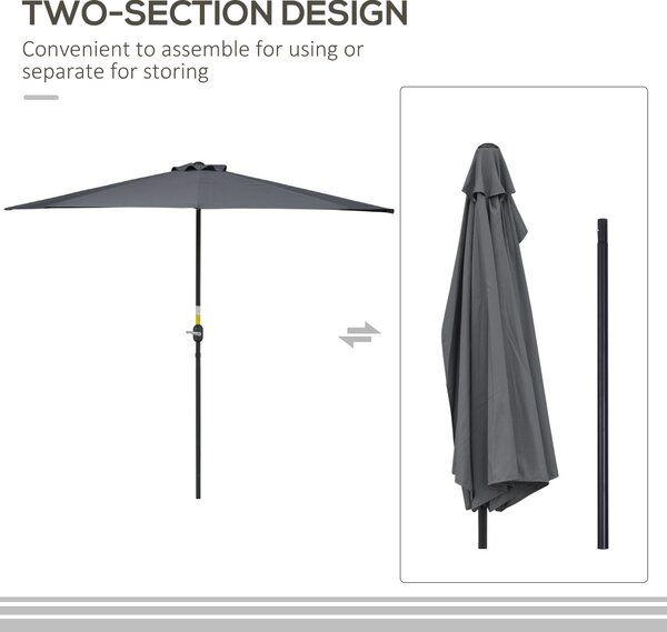 Outsunny Half Round Umbrella Parasol 3m: Grey Polyester with Aluminum Frame, Space-Saving Design