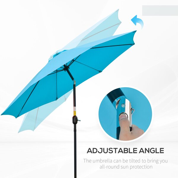 Outsunny 2.6M Patio Sun Umbrella with Tilt, Crank, 8 Ribs Aluminium Frame, Shade Shelter Canopy, Blue Aosom UK