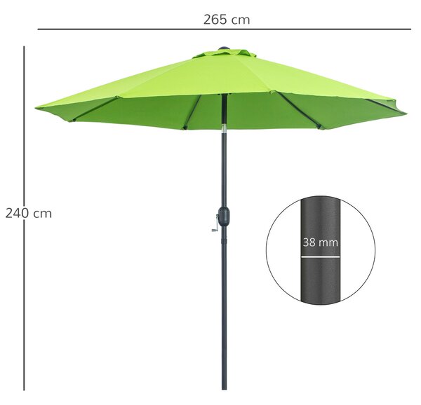 Outsunny 2.7M Patio Parasol Sun Umbrella, Tilt Shade Shelter Canopy with Crank 8 Ribs Aluminium Frame, Light Green