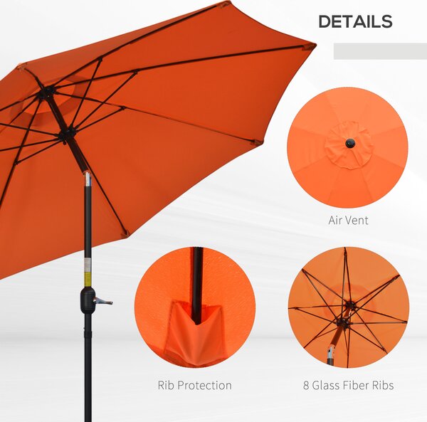 Outsunny 2.6M Patio Parasol Sun Umbrella, Tilt Shade Shelter Canopy with Crank 8 Ribs Aluminium Frame, Orange Aosom UK