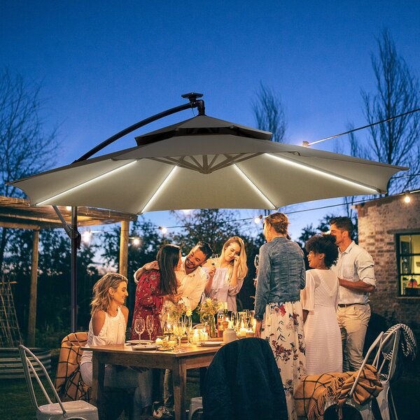 Outsunny 3m Cantilever Banana Parasol Hanging Umbrella with Double Roof, LED lights, Crank, 8 Ribs and Cross Base for Garden, Patio, Light Grey