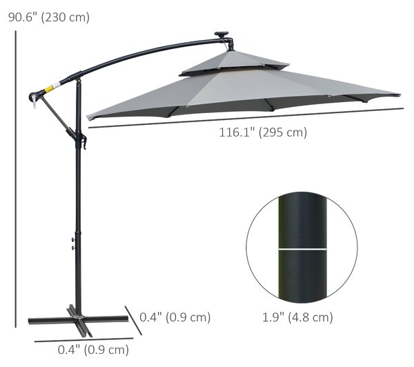 Outsunny 3m Cantilever Banana Parasol Hanging Umbrella with Double Roof, LED lights, Crank, 8 Ribs and Cross Base for Garden, Patio, Light Grey