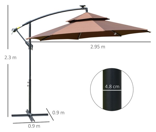 Outsunny 3(m) Cantilever Parasol Banana Hanging Umbrella with Double Roof, LED Solar lights, Crank, 8 Sturdy Ribs and Cross Base for Outdoor, Coffee