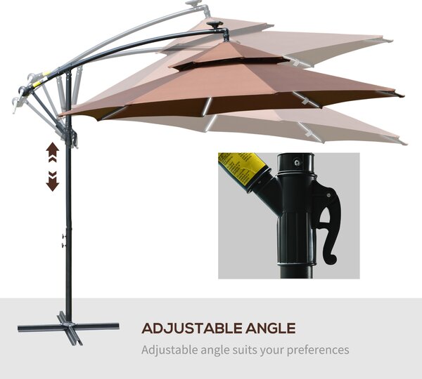 Outsunny 3(m) Cantilever Parasol Banana Hanging Umbrella with Double Roof, LED Solar lights, Crank, 8 Sturdy Ribs and Cross Base for Outdoor, Coffee