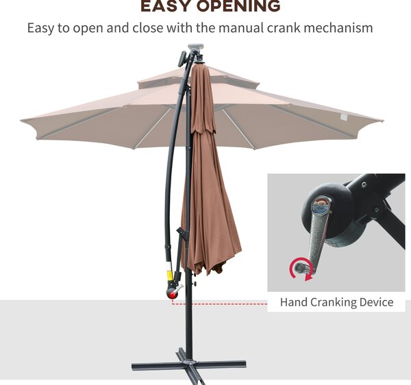 Outsunny 3(m) Cantilever Parasol Banana Hanging Umbrella with Double Roof, LED Solar lights, Crank, 8 Sturdy Ribs and Cross Base for Outdoor, Coffee