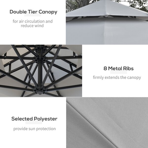 Outsunny 3m Cantilever Banana Parasol Hanging Umbrella with Double Roof, LED lights, Crank, 8 Ribs and Cross Base for Garden, Patio, Light Grey