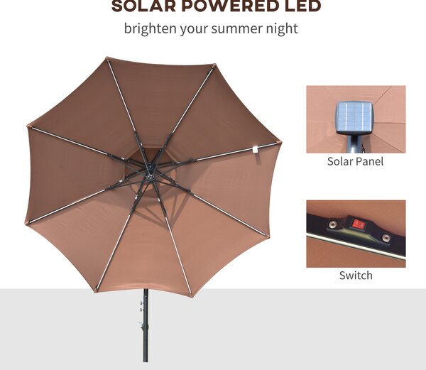Outsunny 3(m) Cantilever Parasol Banana Hanging Umbrella with Double Roof, LED Solar lights, Crank, 8 Sturdy Ribs and Cross Base for Outdoor, Coffee