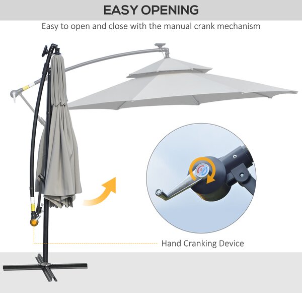 Outsunny 3m Cantilever Banana Parasol Hanging Umbrella with Double Roof, LED lights, Crank, 8 Ribs and Cross Base for Garden, Patio, Light Grey