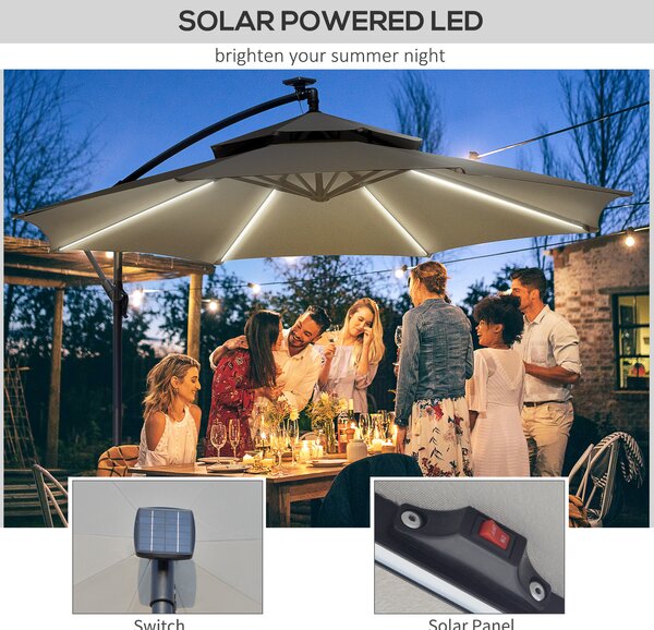 Outsunny 3m Cantilever Banana Parasol Hanging Umbrella with Double Roof, LED lights, Crank, 8 Ribs and Cross Base for Garden, Patio, Light Grey