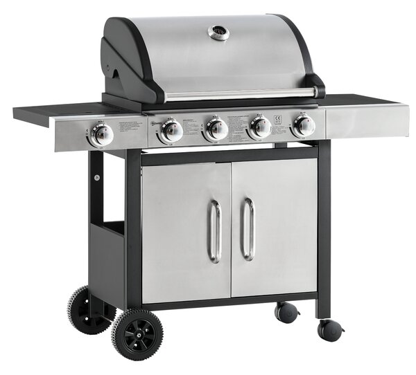 Outsunny Gas Burner Barbecue Grill 4+1 Burner Garden BBQ Trolley w/ Side Burner Warming Rack Side Shelves Piezo Ignition Thermometer Aosom UK