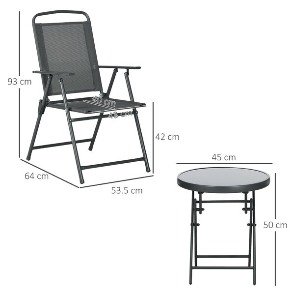 Outsunny 3 Pcs Garden Table and Chairs, Outdoor Bistro Set, Patio Conversation Furniture Set w/ Foldable Armchairs & Glass Top Coffee Table, Dark Grey