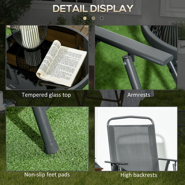 Outsunny 3 Pcs Garden Table and Chairs, Outdoor Bistro Set, Patio Conversation Furniture Set w/ Foldable Armchairs & Glass Top Coffee Table, Dark Grey