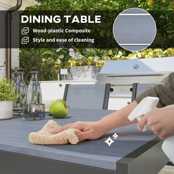 Outsunny 7 Pieces Garden Dining Set with Wood-plastic Composite Dining Table, and 6 Stackable Armchairs with Breathable Mesh Fabric