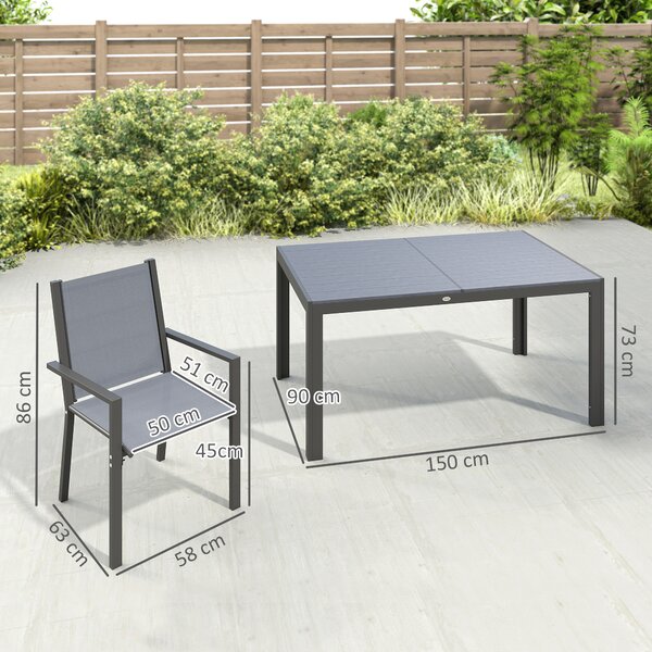 Outsunny 7 Pieces Garden Dining Set with Wood-plastic Composite Dining Table, and 6 Stackable Armchairs with Breathable Mesh Fabric