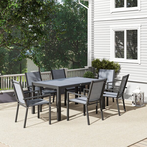 Outsunny 7 Pieces Garden Dining Set with Wood-plastic Composite Dining Table, and 6 Stackable Armchairs with Breathable Mesh Fabric