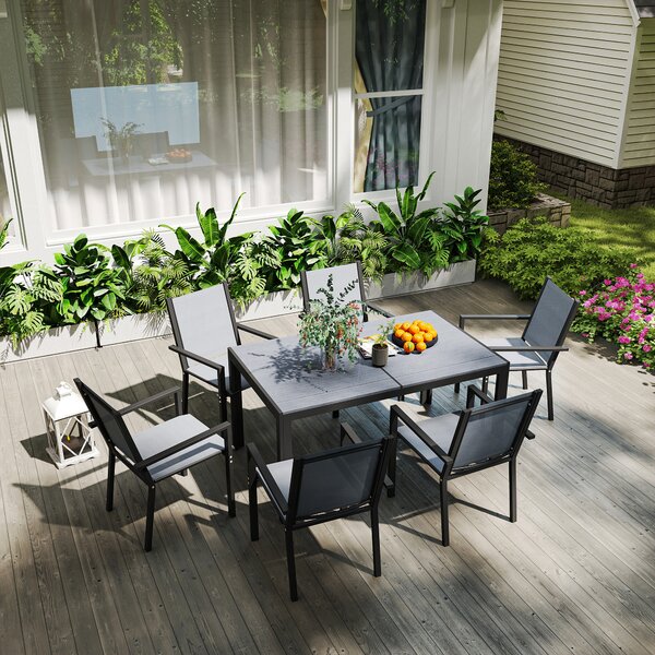 Outsunny 7 Pieces Garden Dining Set with Wood-plastic Composite Dining Table, and 6 Stackable Armchairs with Breathable Mesh Fabric