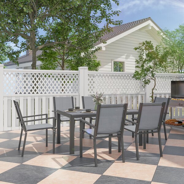 Outsunny 7 Pieces Garden Dining Set with Wood-plastic Composite Dining Table, and 6 Stackable Armchairs with Breathable Mesh Fabric