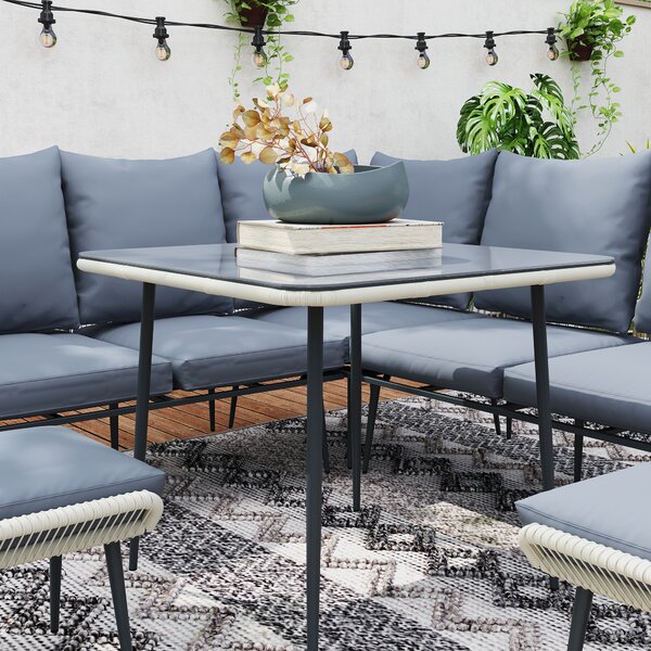 Outsunny 6 Piece Garden Furniture Set, Garden Corner Sofa Set with Thickened Cushions, Glass Top Table and Footstools for Conservatory, Light Grey
