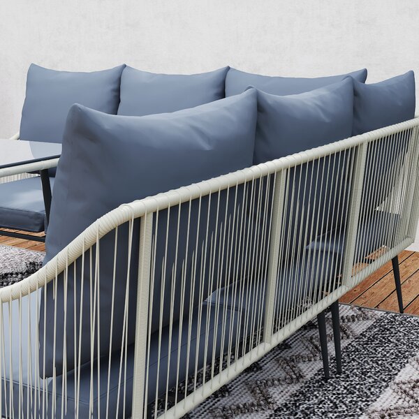 Outsunny 6 Piece Garden Furniture Set, Garden Corner Sofa Set with Thickened Cushions, Glass Top Table and Footstools for Conservatory, Light Grey
