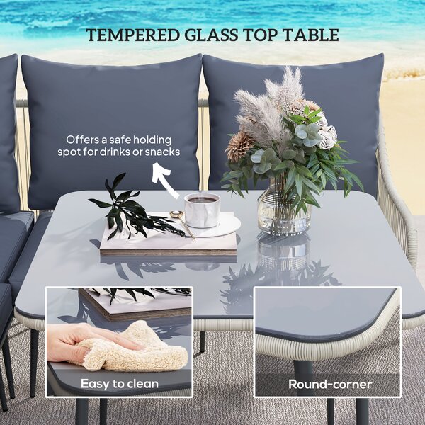 Outsunny 6 Piece Garden Furniture Set, Garden Corner Sofa Set with Thickened Cushions, Glass Top Table and Footstools for Conservatory, Light Grey