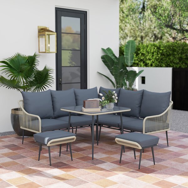 Outsunny 6 Piece Garden Furniture Set, Garden Corner Sofa Set with Thickened Cushions, Glass Top Table and Footstools for Conservatory, Light Grey