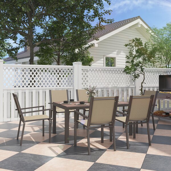 Outsunny 7-Piece Garden Dining Set, Weatherproof Wood-Effect Table & 6 Stackable Space-Saving Chairs, Brown Aosom UK