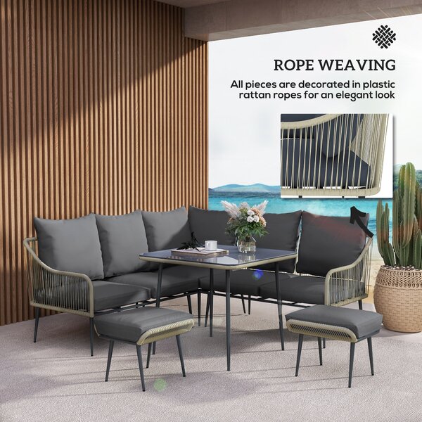 Outsunny 6 Piece Garden Furniture Set, Garden Corner Sofa Set with Thickened Cushions, Glass Top Table and Footstools for Conservatory, Light Grey