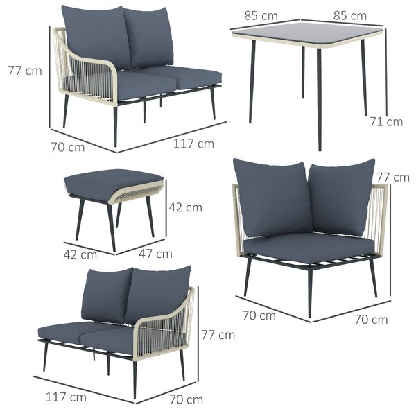 Outsunny 6 Piece Garden Furniture Set, Garden Corner Sofa Set with Thickened Cushions, Glass Top Table and Footstools for Conservatory, Light Grey