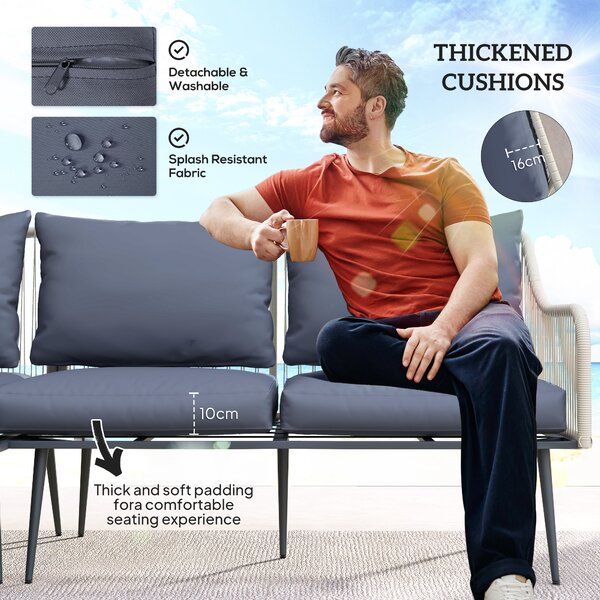 Outsunny 6 Piece Garden Furniture Set, Garden Corner Sofa Set with Thickened Cushions, Glass Top Table and Footstools for Conservatory, Light Grey