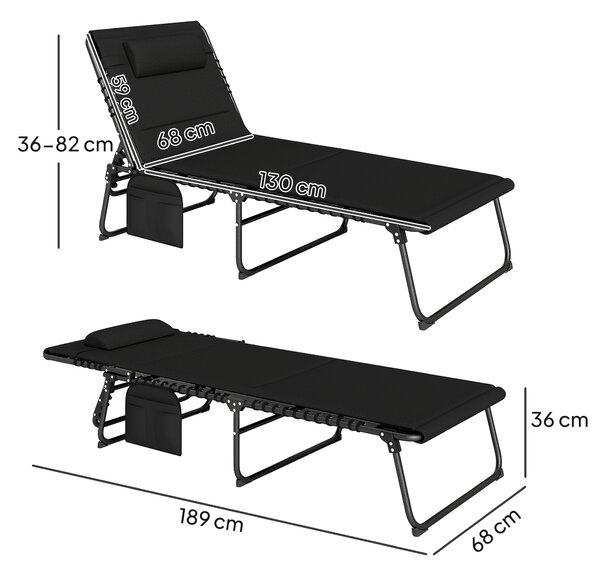 Outsunny Folding Sun Loungers Set of 2, Recliner Garden Chairs with Quick Drying Pad Headrest Side Pocket, Garden Sun Loungers for Beach Pool, Black