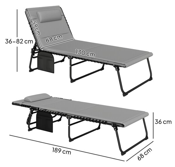 Outsunny Folding Sun Loungers Set of 2, Recliner Garden Chairs with Quick Drying Pad Headrest Side Pocket for Beach Pool, Light Grey