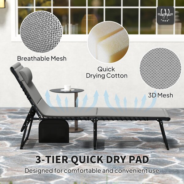 Outsunny Folding Sun Loungers Set of 2, Recliner Garden Chairs with Quick Drying Pad Headrest Side Pocket for Beach Pool, Light Grey