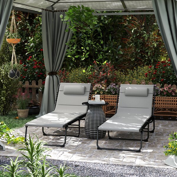 Outsunny Folding Sun Loungers Set of 2, Recliner Garden Chairs with Quick Drying Pad Headrest Side Pocket for Beach Pool, Light Grey