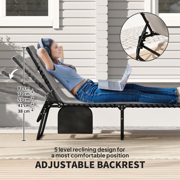 Outsunny Folding Sun Loungers Set of 2, Recliner Garden Chairs with Quick Drying Pad Headrest Side Pocket for Beach Pool, Light Grey