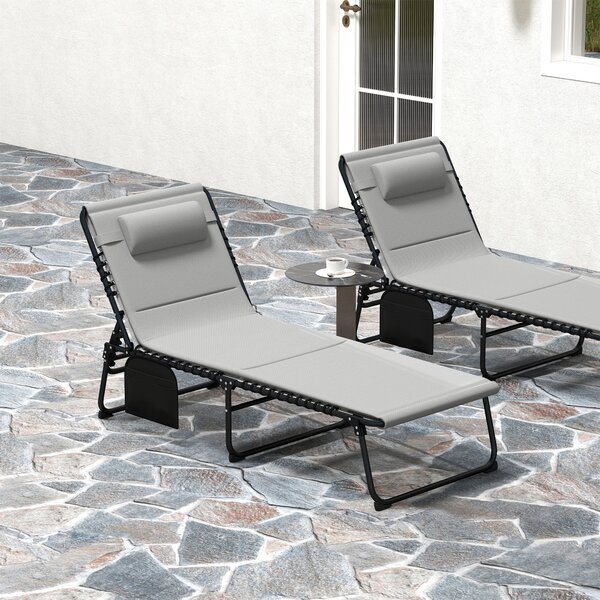 Outsunny Folding Sun Loungers Set of 2, Recliner Garden Chairs with Quick Drying Pad Headrest Side Pocket for Beach Pool, Light Grey