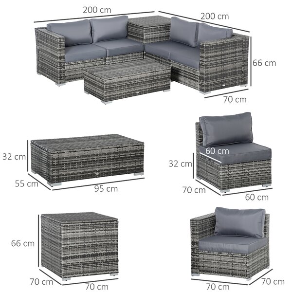 Outsunny 6PC Rattan Corner Sofa Set Wicker 4 Seater Garden Storage Coffee Table Conversation Ottoman Outdoor Weave Furniture w/ Cushion Aosom UK
